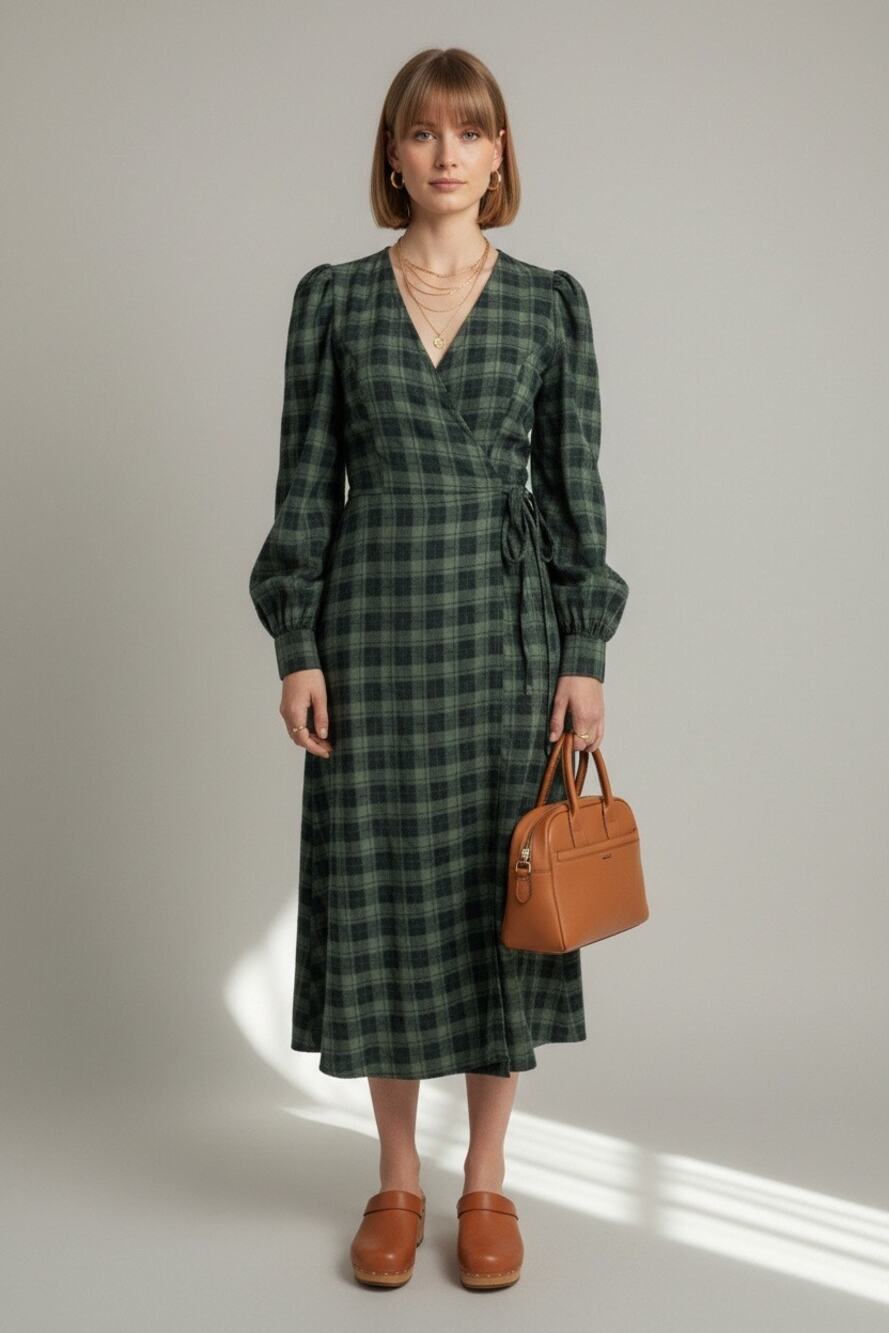 Primark Green Check Wrap Midi Dress Balloon Sleeve Cottagecore Dark Academia 12